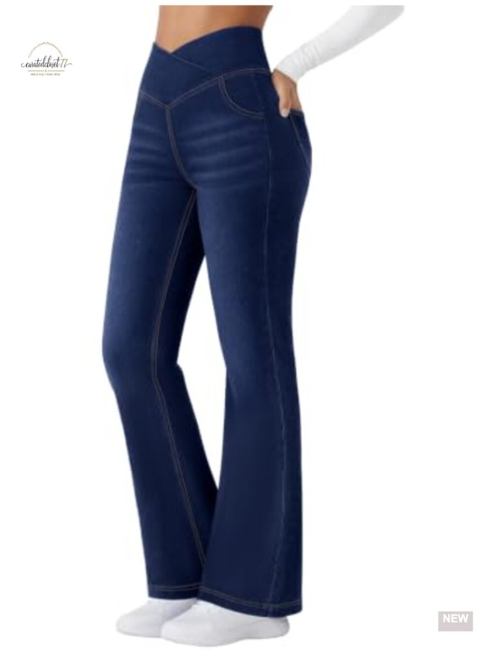 High Waisted Crossover Flare Jeans Pull On Bootcut Stretch Denim Pockets
